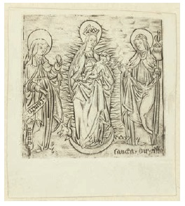 Anónimo, La Virgen coronada, flanqueada por santa Ana y santa Brígida, xilografía, ca. 1470-1490. Ámsterdam, Rijksmuseum, RP-P-1888-a-13991.