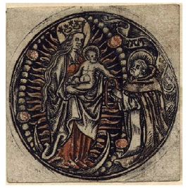 Master S., La Virgen coronada, sosteniendo a Cristo niño sobre luna creciente y un halo radiante con un santo ataviado con hábito de monje a la derecha,  xilografía coloreada, 1500-1525. Londres, British Museum. CC-BY-NCSA 4.0.