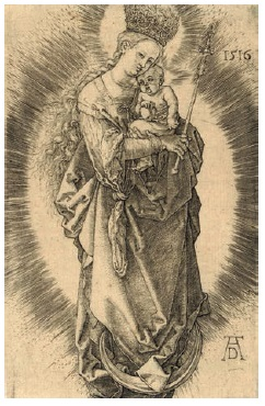 Alberto Durero, La Virgen y el Niño de pie sobre luna creciente, grabado en metal, 1516. Londres, British Museum. CC-BY-NCSA 4.0.