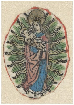 Anónimo, La Virgen y el Niño en gloria sobre luna creciente, xilografía coloreada, siglo XV. Ámsterdam, Rijksmuseum, RP-P-1922-244.