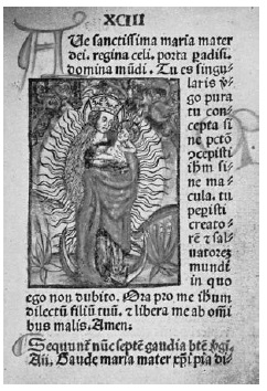 Anónimo, La Virgen y el Niño en gloria sobre luna creciente, xilografía coloreada, siglo XV. Londres, Colección Fotográfica Warburg Institute.