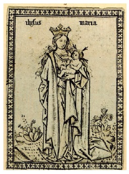 Hans Ladenspelder, La Virgen y el Niño en gloria; coronada y con cetro sobre luna creciente, xilografía, ca. siglo XV. Londres, British Museum. CC-BY-NCSA 4.0.