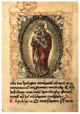 Anónimo, La Virgen y el Niño en gloria sobre luna creciente, procedente de un libro de horas flamenco, xilografía coloreada, ca. 1500-1525 Londres, British Museum. CC-BY-NCSA 4.0.