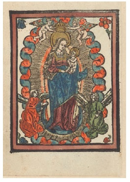 Anónimo, La Virgen y el Niño en gloria sobre luna creciente, xilografía coloreada, siglo XV. Ámsterdam, Rijksmuseum, RP-P-1996-94.