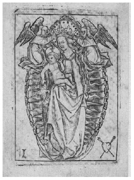 Anónimo, La Virgen y el Niño en gloria sobre luna creciente, xilografía, siglo XV. Ámsterdam, Rijksmuseum, RP-P-1891-A-16524.