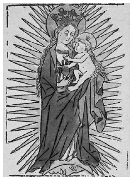 Anónimo, La Virgen y el Niño en gloria sobre luna creciente, xilografía coloreada, siglo XV. Londres, Colección Fotográfica del Warburg Institute.