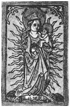 Anónimo, La Virgen y el Niño en gloria sobre luna creciente, xilografía, siglo XV. Rijksmuesum, RP-P-1888-a-13991.