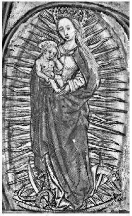 Anónimo, La Virgen con el Niño, estampa inserta en un libro de oraciones flamenco-alemán-francés, ca. 1500. Biblioteca Real de Bruselas, Gabinete de Estampas.