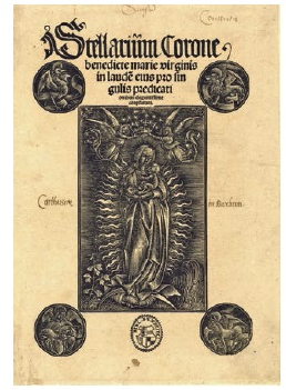 Johann Otmar, La Virgen y el Niño en gloria, coronada por ángeles y rodeada de los evangelistas, procedente del frontispicio del libro Pelbartus of Temesvar, 'Stellarium Corone benedicte marie virginis'(Augsburgo: Johann Otmar, 1502). Londres, British Museum. CC-BY-NCSA 4.0.