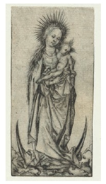 Israhel van Meckenem, La Virgen y el Niño de pie sobre luna creciente, grabado en metal, siglo XV. Ámsterdam, Rijksmuseum, RP-P-OB-886.