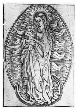 Anónimo, La Virgen y el Niño de pie sobre luna creciente, grabado en madera, ca. siglo XV. Londres, Colección Fotográfica del Warburg Institute.