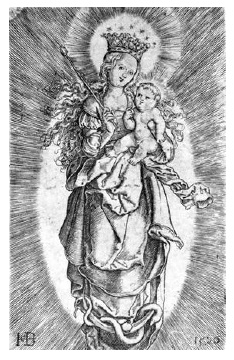 Anónimo, La Virgen y el Niño en gloria sobre luna creciente,  grabado,1520. Londres, Colección Fotográfica del Warburg Institute.