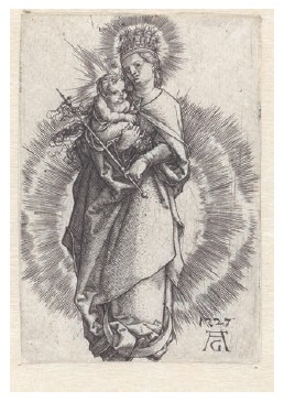 La Virgen sobre luna creciente (con mandorla), impreso por Heinrich Aldegever, según Alberto Durero, xilografía, 1527. Ámsterdam, Rijksmuseum, RP-P-OB-2668.