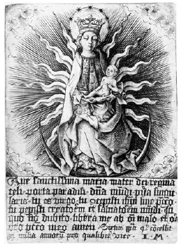 Anónimo, La Virgen y el Niño de medio cuerpo sobre luna creciente con rezo a la Inmaculada Concepción,grabado en metal, siglo XV. Londres, Colección Fotográfica del Warburg Institute.