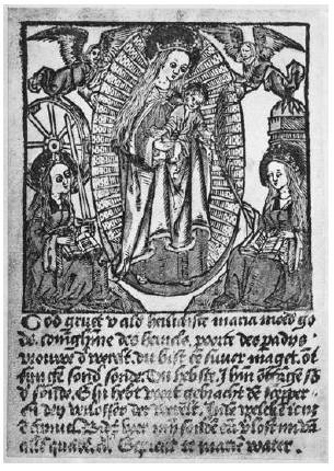 Anónimo, La Virgen con santa Catarina y santa Bárbara, estampa inserta en un libro de oraciones flamenco-alemán-francés, ca. 1500. Biblioteca Real de Bruselas, Gabinete de Estampas.