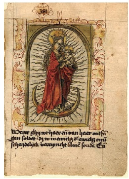 Monogramista MR, La Virgen sobre luna creciente con el Niño rodeado de luz bajo un arco, tomada de un libro de horas flamenco, xilografía, ca. siglo XV. Londres, British Museum. CC-BY-NCSA 4.0.