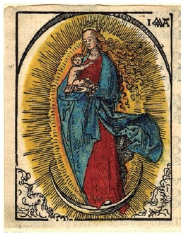 Anónimo, La Virgen con el Niño en gloria sobre luna creciente, xilografía coloreada, siglo XV. Ámsterdam, Rijksmuseum, RP-P-OB-1567.