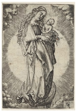 Monogramista ASF, La Virgen con el Niño en gloria sobre luna creciente, grabado en metal, siglo XVI. Ámsterdam, Rijksmuseum, RP-P-OB-3114.