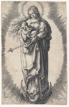 Lucas van Leyden, La Virgen con el Niño de pie sobre luna creciente, grabado en metal, 1523. Ámsterdam, Rijksmuseum, RP-P-OB-1661.
