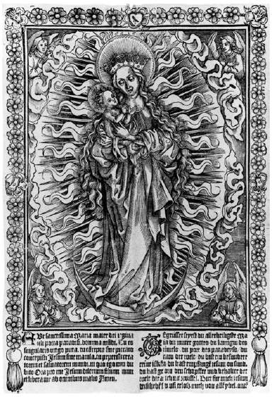 Anónimo, La Virgen con el Niño, acompañada de cuatro ángeles, xilografía, ca. Siglo XV. Colección fotográfica del Warburg Institute, Londres.