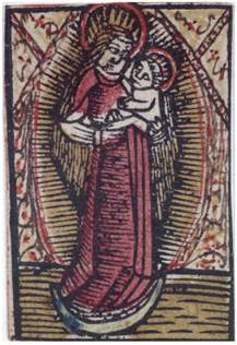 Anónimo, La Virgen con el Niño sobre luna creciente, xilografía coloreada, siglo XV. Viena, Graphische Sammlung Albertina, DG1930/111.