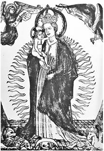 Anónimo, La Virgen con el Niño en gloria sobre luna creciente y los cuatro evangelistas, xilografía coloreada, siglo XV. Tubinga, Universitätsbibliothek.