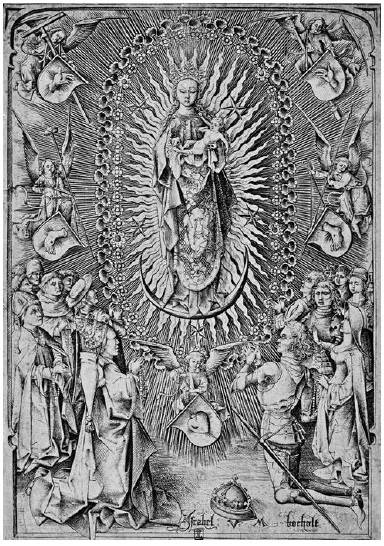 Israhel van Meckenem, La Virgen del Rosario, grabado, último tercio del siglo XV. Biblioteca Real de Bruselas, Gabinete de Estampas.