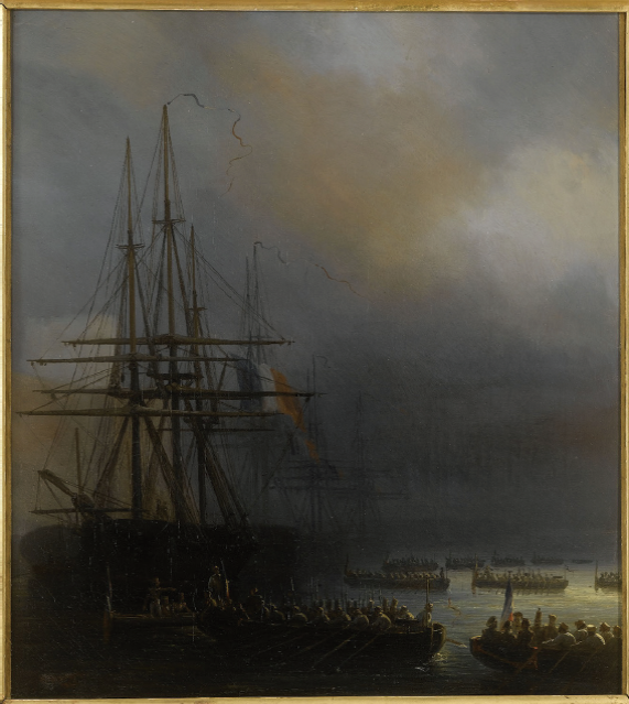 Petros Pharamond Blanchard, Combat de la Verá-Cruz (Mexique). Les troupes de débarquement quittent les navires et se dirigent V., 1843, óleo sobre tela, 48 × 45cm. 