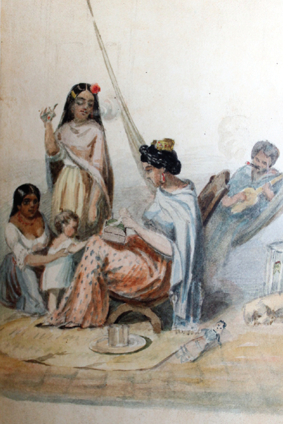 Petros Pharamond Blanchard, Mujeres en el interior de una casa, 1838, acuarela, 18 × 11 cm. 