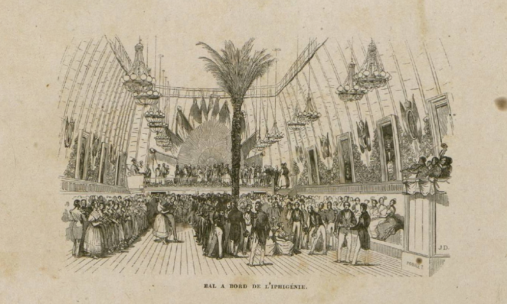 Petros Pharamond Blanchard y Adrian Dauzats, Bal à Bord de I’Iphigénie, 1839, grabado toma do del libro San Juan de Ulúa ou Relation de L’expédition Française au Mexique (París: Gide, 1830), 421. 