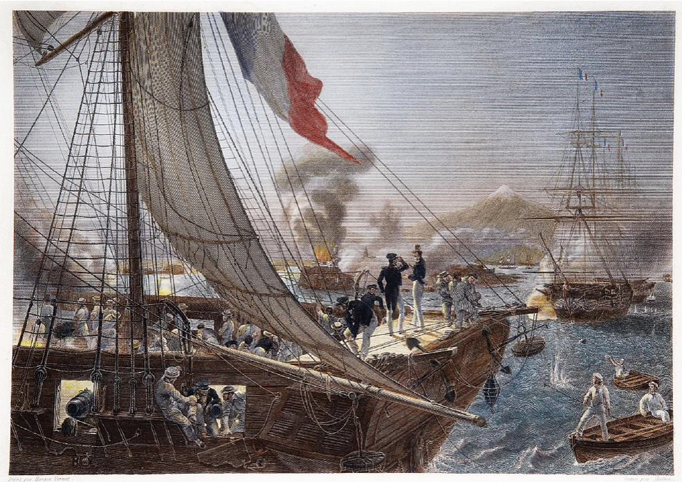 Horacio Vernet, Toma del fuerte de San Juan de Ulúa, 1839, grabado en metal, 24 × 33.5 cm. Instituto Veracruzano de la Cultura-Colección Museo de Arte del Estado de Veracruz. 