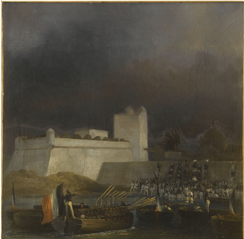 Petros Pharamond Blanchard, Les Troupes de débarquement escaladent les remparts du fort sous la conduite du Prince de Joinville (5 décembre), 1838, óleo sobre tela, 48 × 45 cm. 