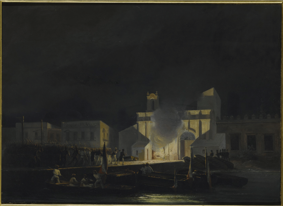 Petros Pharamond Blanchard, Le prince Joinville conduisant la colonne centrale de débarquement à l’attaque de la Porte de la Mer lors de la prise de la ville de Vera Cruz, nuit du 5 décembre o ataque a la Aduana de Veracruz, 1838, óleo sobre tela, 50 × 44 cm. 