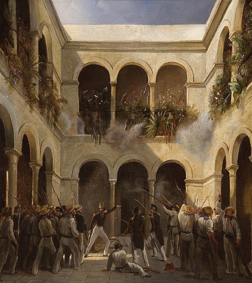 Petros Pharamond Blanchard (atribución), Tropas francesas asaltando un convento mexicano, ataque de la Casa de Arista, 1839, óleo sobre tela, 50 × 44 cm. Instituto Veracruzano de la Cultura-Colección Museo de Arte del Estado de Veracruz. 