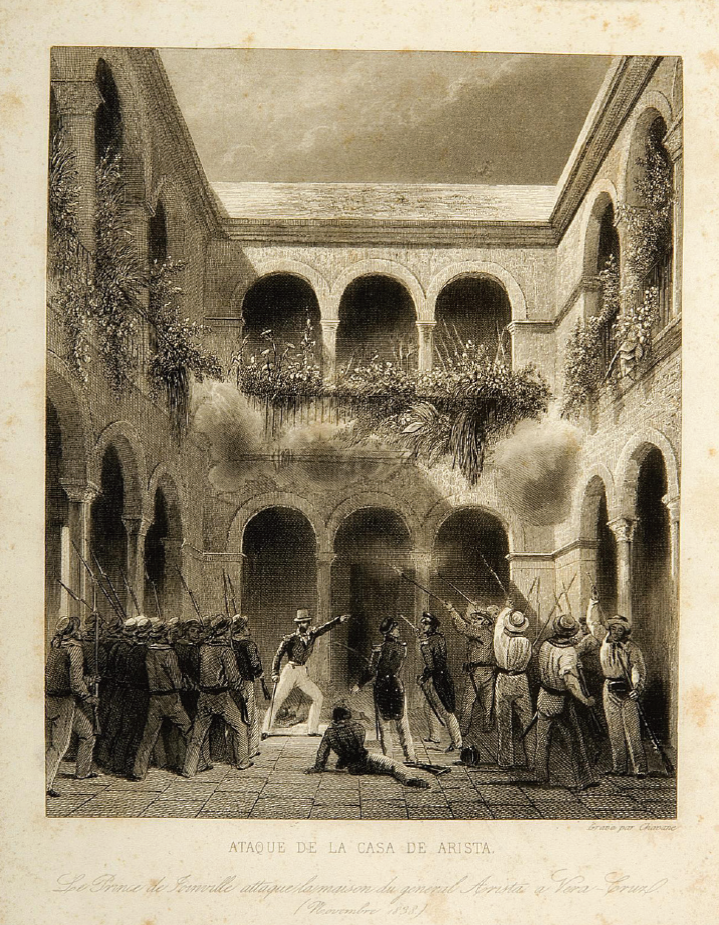 Chavane, Asalto a la Casa de Arista, 1839, grabado en metal, 21 × 16 cm. Instituto Veracruzano de la Cultura-Colección Museo de Arte del Estado de Veracruz. 