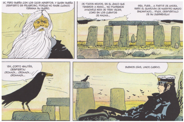 Viñetas 38-41 del cómic Sueño de una mañana de invierno, Hugo Pratt (c. 1971). Corto queda dormido frente al gran crómlech de Stonehenge y tiene las visiones de la mitología céltica y artúrica. Licencia: Cong. S. A.