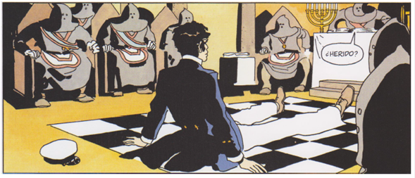 Viñeta núm. 19 del cómic La Fábula de Venecia, Hugo Pratt (c. 1977). Corto sobre el ajedrezado masónico interrumpe los trabajos de la respetable Logia Hermes. Licencia: Cong. S. A.