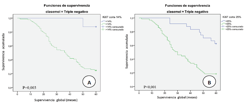 Relaci&oacute;n entre la supervivencia global y clase TN seg&uacute;n el porcentaje de expresi&oacute;n de Ki-67 con un &iacute;ndice proliferativo con punto de corte en: (A) 14%, (B) 25%  