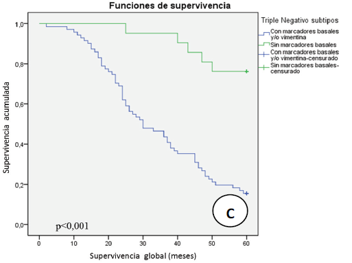 Relaci&oacute;n entre la supervivencia global y clase TN seg&uacute;n la expresi&oacute;n de marcadores de tipo basal y vimentina.