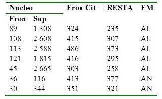 Medidas de 7 de las c&eacute;lulas ASCUS. EM: Evaluaci&oacute;n matem&aacute;tica, AN:
ASCUS con patrones de normalidad, AL: ASCUS con
patrones de enfermedad L-SIL.