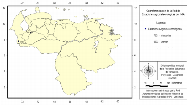 Distribución geográfica de
la Red de estaciones agrometeorológicas del INIA en la región de los Andes
venezolanos.