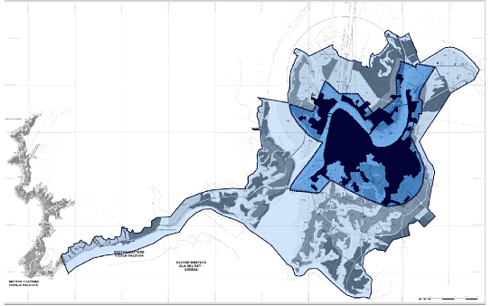 Comparación de límites urbanos en 1976 y 1988, además del área urbana previa a dicha modificación. Plano original intervenido. Plan Regulador Comunal Valdivia (PRCV). Fuente: http://www.observatoriourbano.cl