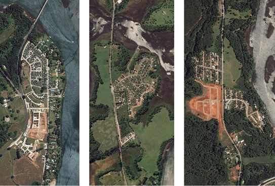 Detalle de la morfología de los condominios cerrados en el Sector Torobayo, ruta a la costa. Imagen satelital intervenida. Fuente: Google Earth (2016).