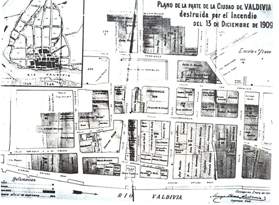 Plano de la parte de la ciudad de Valdivia destruida por el incendio del 13 de diciembre de 1909. Fuente: G. Guarda, “Conjuntos Urbanos Históricos Arquitectónicos, Valdivia s. XVIII-XIX”, (1980).