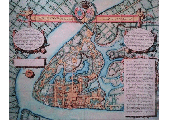 Plano iconográfico de la ciudad de Valdivia (1787) Fuente: Cuadro en acuarela de la colección general del Museo Histórico y Antropológico Maurice Van de Maele.