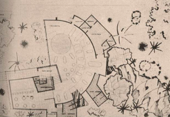 Planta del restaurante Jacaranda aparecida en la revista Decoraci&oacute;n y Dise&ntilde;o en el hogar, la Industria y el paisaje. Editorial Decoraci&oacute;n S. de R. L., M&eacute;xico, D. F., No.29 Julio-Agosto. 1955.