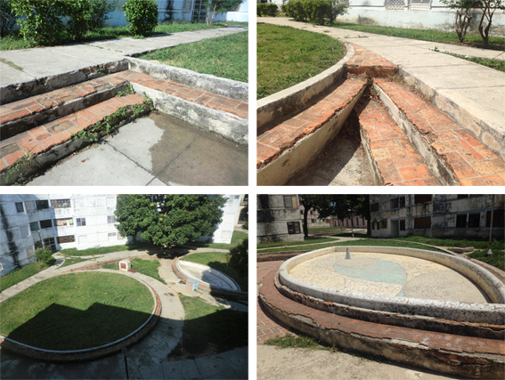 Conjunto habitacional de Tallapiedra. Detalles del diseño de las escalinatas, bancos, jardineras y espejos de agua. 