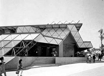 Pabellón de Cuba en la Expo Internacional Osaka'70, proyecto de un equipo de docentes y estudiantes dirigido por el profesor Emilio Escobar elaborado en 1969-70. Fuente: [16 p.138]