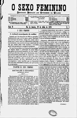 Primeira p&aacute;gina da edi&ccedil;&atilde;o inaugural d'O Sexo Feminino na cidade do Rio de Janeiro, 22 de julho de 1875 (Acervo da Funda&ccedil;&atilde;o Biblioteca Nacional - Brasil)  