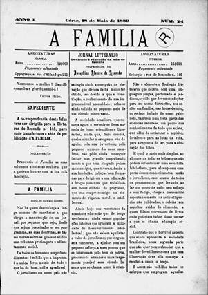 Primeira p&aacute;gina do n&uacute;mero 24 de A Familia, 18 de maio de 1889, primeira edi&ccedil;&atilde;o publicada na cidade do Rio de Janeiro (Acervo da Funda&ccedil;&atilde;o Biblioteca Nacional - Brasil)